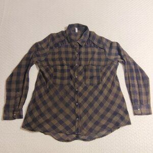 Free People Women Top Medium Green Plaid Snap Button Up Flannel Lace Up Collar